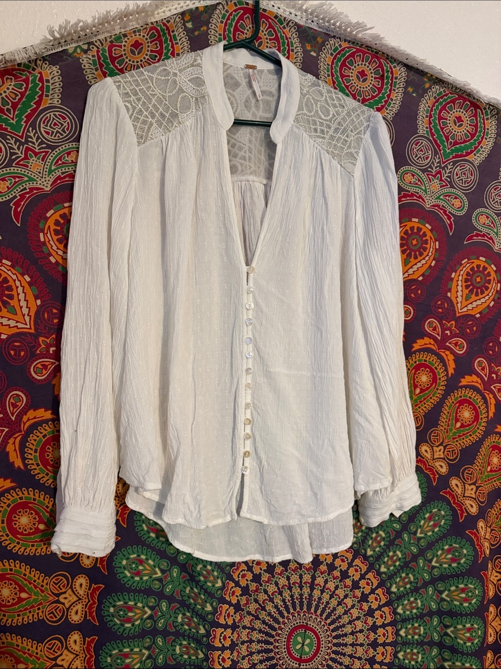 Free People White Lace Yoke Button-Front Blouse